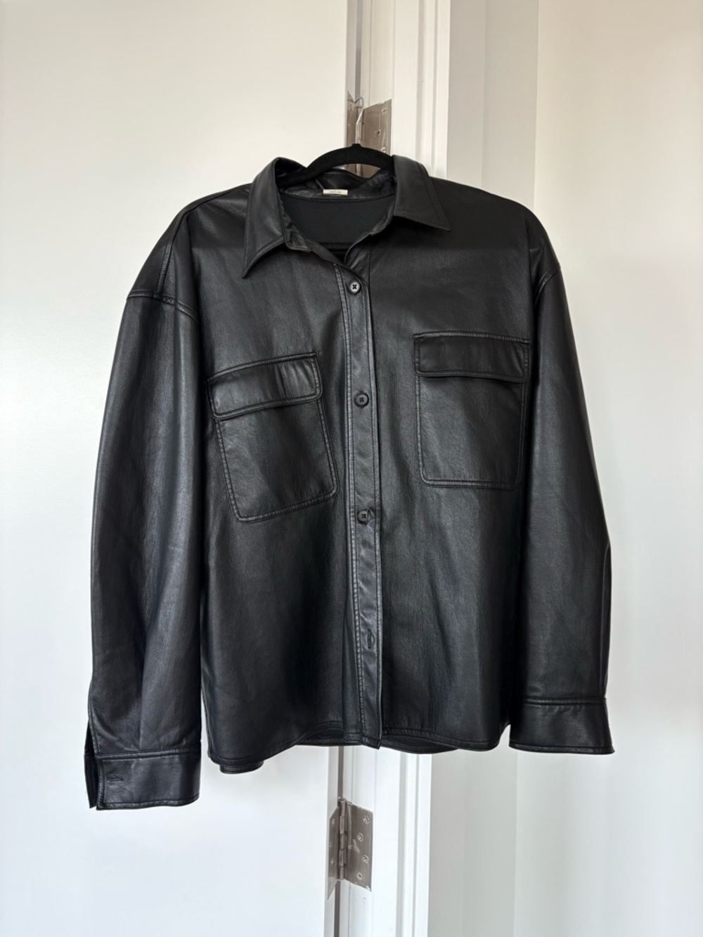 Aritzia Black Leather Button-Up Shirt Jacket
